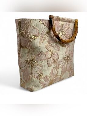Floral Jacquard Tote Bag with Bamboo Handles - Pink Cream